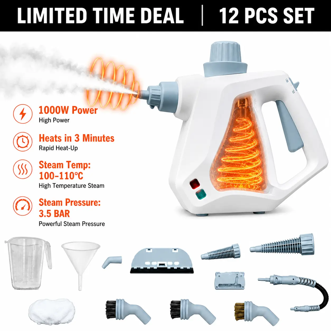 Pressurized Handheld Steam Cleaner for Home with 12pcs Accessories & Safety Lock Multi-Surface Powerful Steamer for Cleaning Car Bathroom Shower Window Grime Grease 12 Attachments for Complete Home Cleaning