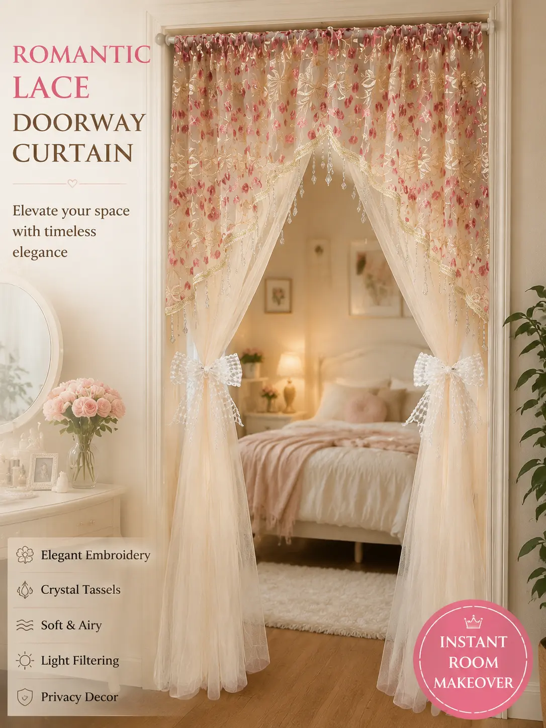 Romantic lace curtain with crystal tassels; sheer floral embroidered curtain for the bedroom; Bohemian-style room decor and privacy screen; suitable for home, apartment, or dorm room decor