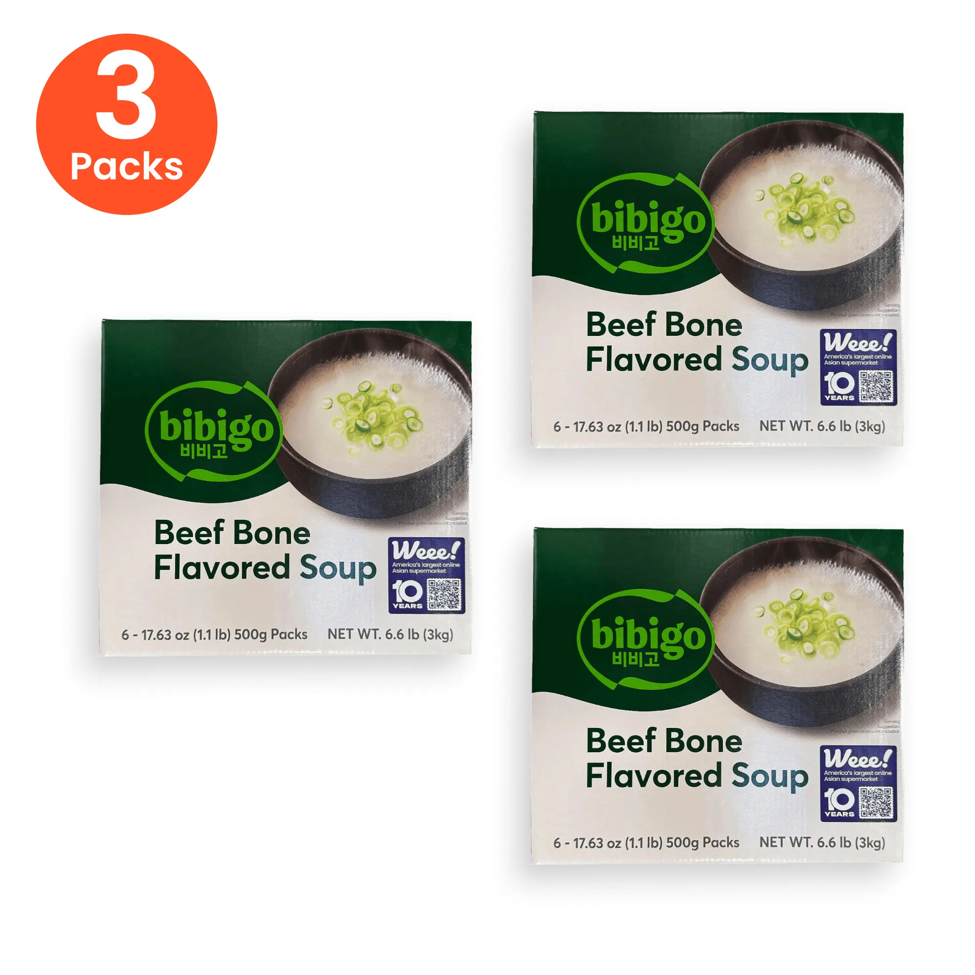 Bibigo Savory Beef Milky Texture Instant Broth (Seolleongtang Beef Bone Flavor) - Korean Ready-to-Eat Pouches, 3-Pack Bundle (6 Pouches Each, 18 Total 17.63oz Units)