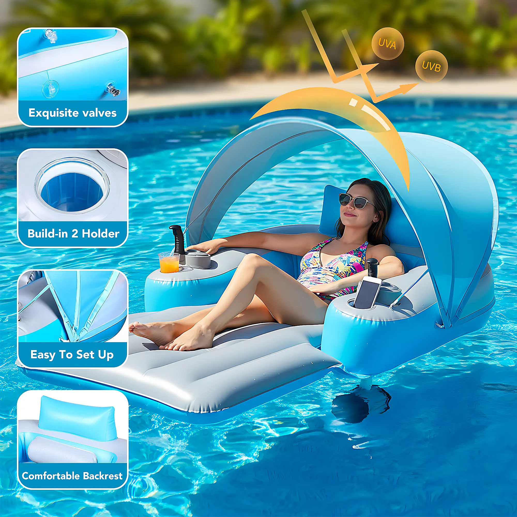 Portable Dual-Motor Heavy-Duty Electric Pool Lounger Raft with Canopy, Cup Holder - Rechargeable, Compact Folded for Adult Users, Pool & Lake