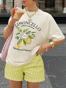 Summer New Women's Simple Round Neck Letter Pattern Short Sleeve Top + Plaid Color Block Striped Shorts Casual Set, 2 Piece Outfit