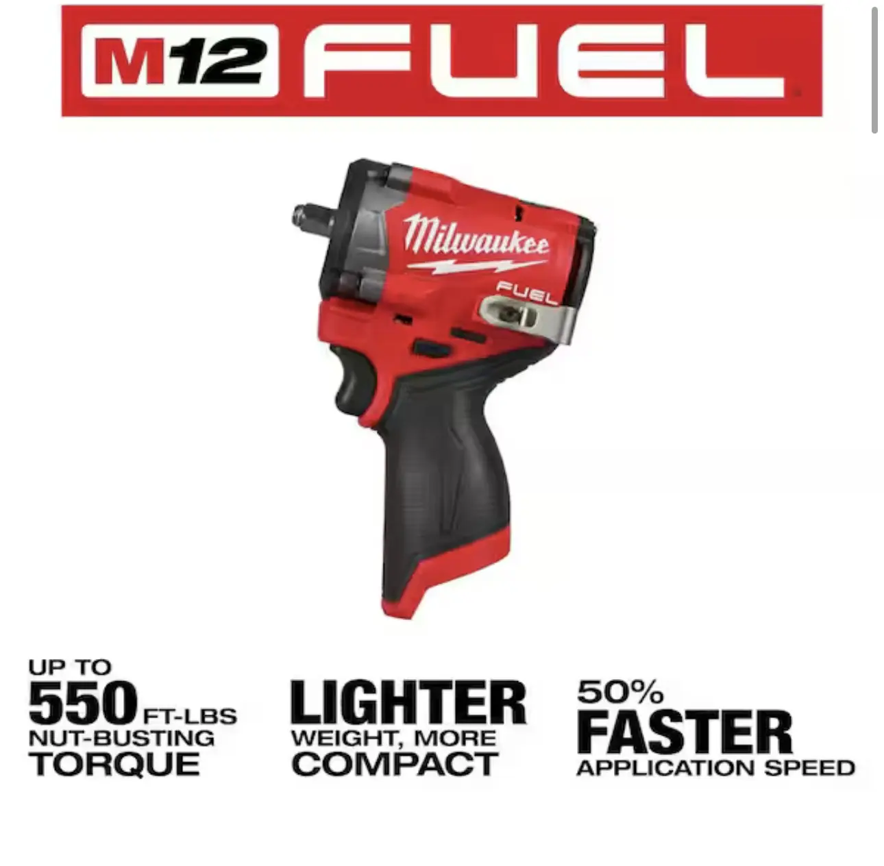 Milwaukee M12 FUEL 12V Lithium-Ion Brushless Cordless Stubby 3/8 in. Impact Wrench (Tool-Only)
