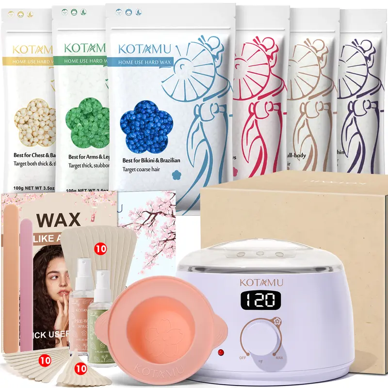KOTAMU Digital Wax Kit Real Wax Combo - Automatic Keep-Warm Warmer with Silicone Pot, Purple Body Care Machine, 44 Accessories, 10 Minutes to Heat, 6 Weeks Smoothness, Sensitive & All Skin Types, Eyebrow & Bikini Hair Removal (Tip-to-Root Clean)