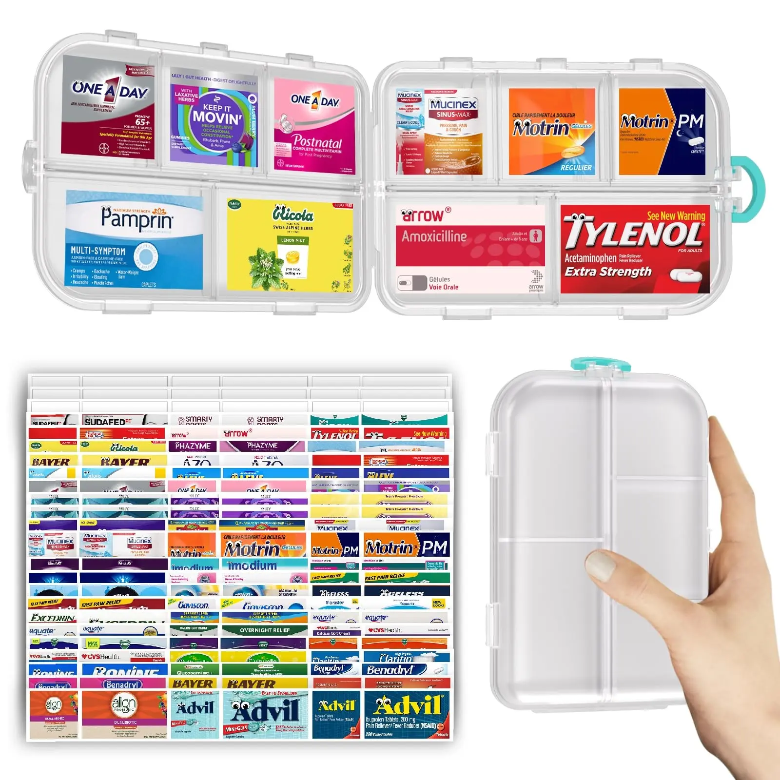 Large Pill Organizer, Travel Pill Organizer with Medicine Labels, Daily Pill Container Storage, Travel Essentials Pill Case