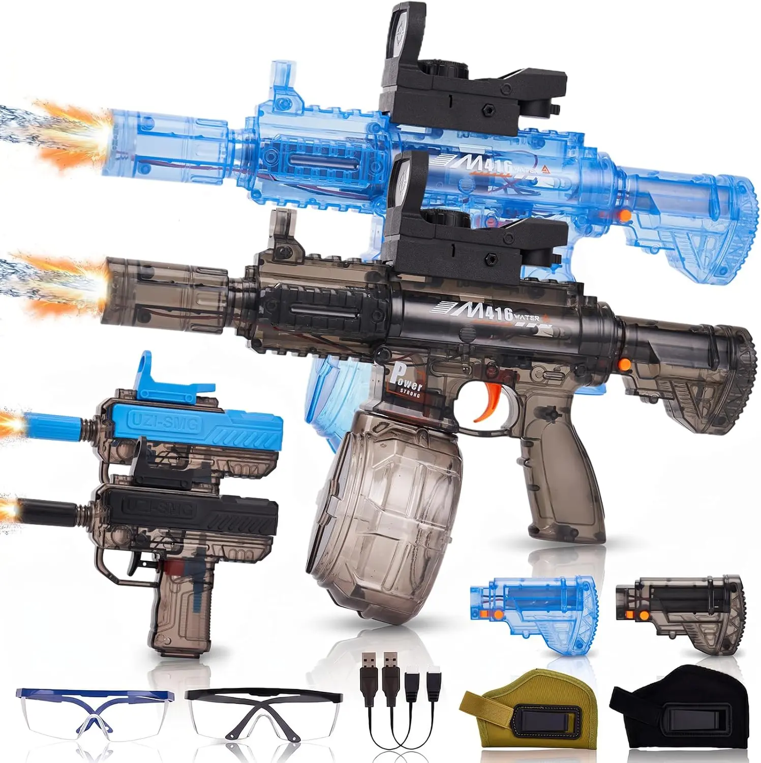 Unisex Automatic Electric Water Gun 4-Pack (with 4 Rechargeable Batteries, 2 Holsters, 2 Goggles & Charger) – Outdoor Pool Beach Toys for Halloween Fall Gifting