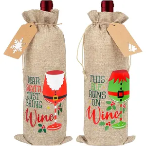 Christmas Burlap  Bags,2Pcs XMAS  Bottle  Bags,   Bags with Drawstrings Tags for Christmas  Year Party Supplies ( Burlap)