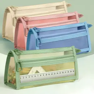 Transparent Mesh Pencil Case for Students, Dual-Layer Large Capacity Stationery Bag, Pencil Box, Exam Essentials, Stationery Supplies