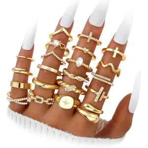 Dodder Gold Stackable Rings Set for Women, Gold Plated Chunky Crystal Finger Midi Stacking Rings, Dainty Statement Thumb Knuckle Rings Pack for Gift, Multiple Sizes Jewelry