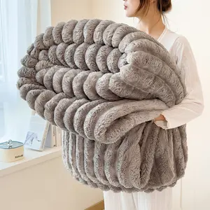 Luxurious Faux Rabbit Fur Throw Blanket Cozy Blanket-Patio Furniture Decor,Ultra-Soft,Classic Stripe Pattemn, Ideal for Bed,Couch, Travel,Camping, AllSeasons,Home Bedroom Decor Plush Outdoorfun,LightweightComforter,All-Season Comforter 79” x 91