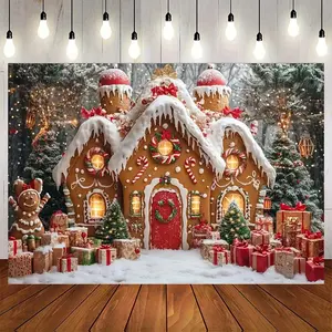 Christmas Party Gingerbread House Backdrop, Polyester Material, Includes Tree Gift Box Snow Scene Design, Party Decorations Banners, Perfect for Holiday Decorations