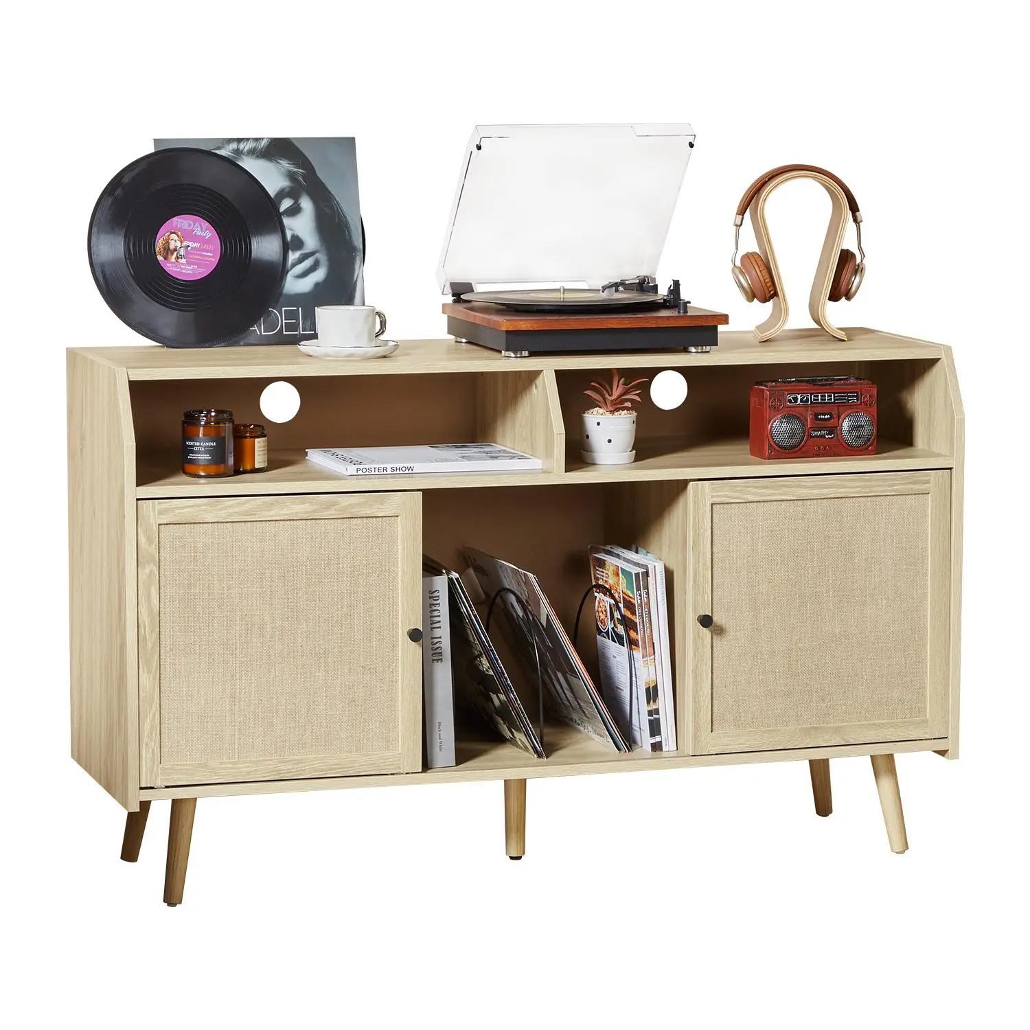 Giratree Record Player Stand, Mid Century Turntable Stand Holds Up to 400 Albums, Large Record Player Table with Sliding Doors, Vinyl Holder Storage Shelf for Living Room, Bedroom