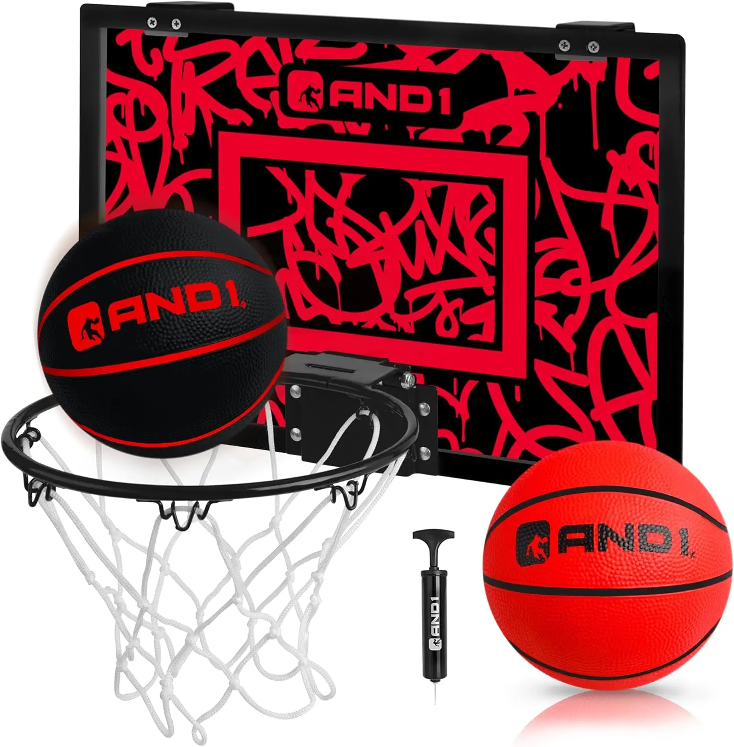AND1 Over the Door Mini Hoop - 18x12 in Shatterproof Backboard, 2 Mini Balls, Hand Pump, Pre-Assembled, Street-Style Indoor Play Accessory, Unisex