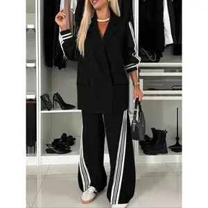 Women's Striped Blazer Set with Lapel Collar, Casual Loose-Fit Suit Jacket & Straight Leg Pants, Spring & Fall Office Wear Blazer Jackets