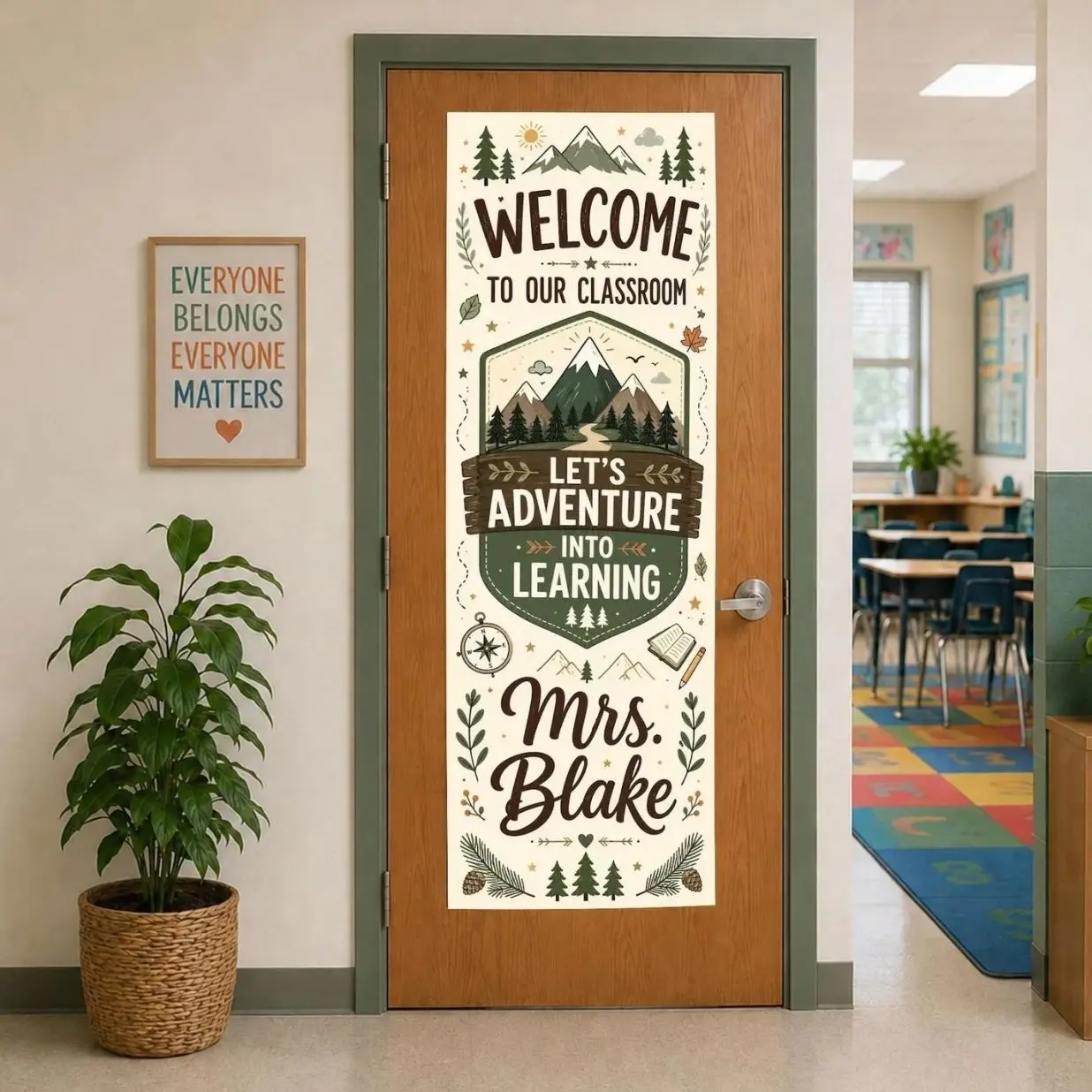 Personalized Adventure Classroom Door Banner, Mountain Theme Linen Teacher Tapestry