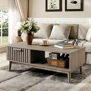 Mid Century Modern Coffee Table with Storage Drawer, 39.4" Fluted Rectangular Wood Table, 2-Tier Boho Center Table with Open Shelf & Sturdy Wood Legs, Non-Toxic Safe MDF Tabletop, Natural Oak Finish for Living Room
