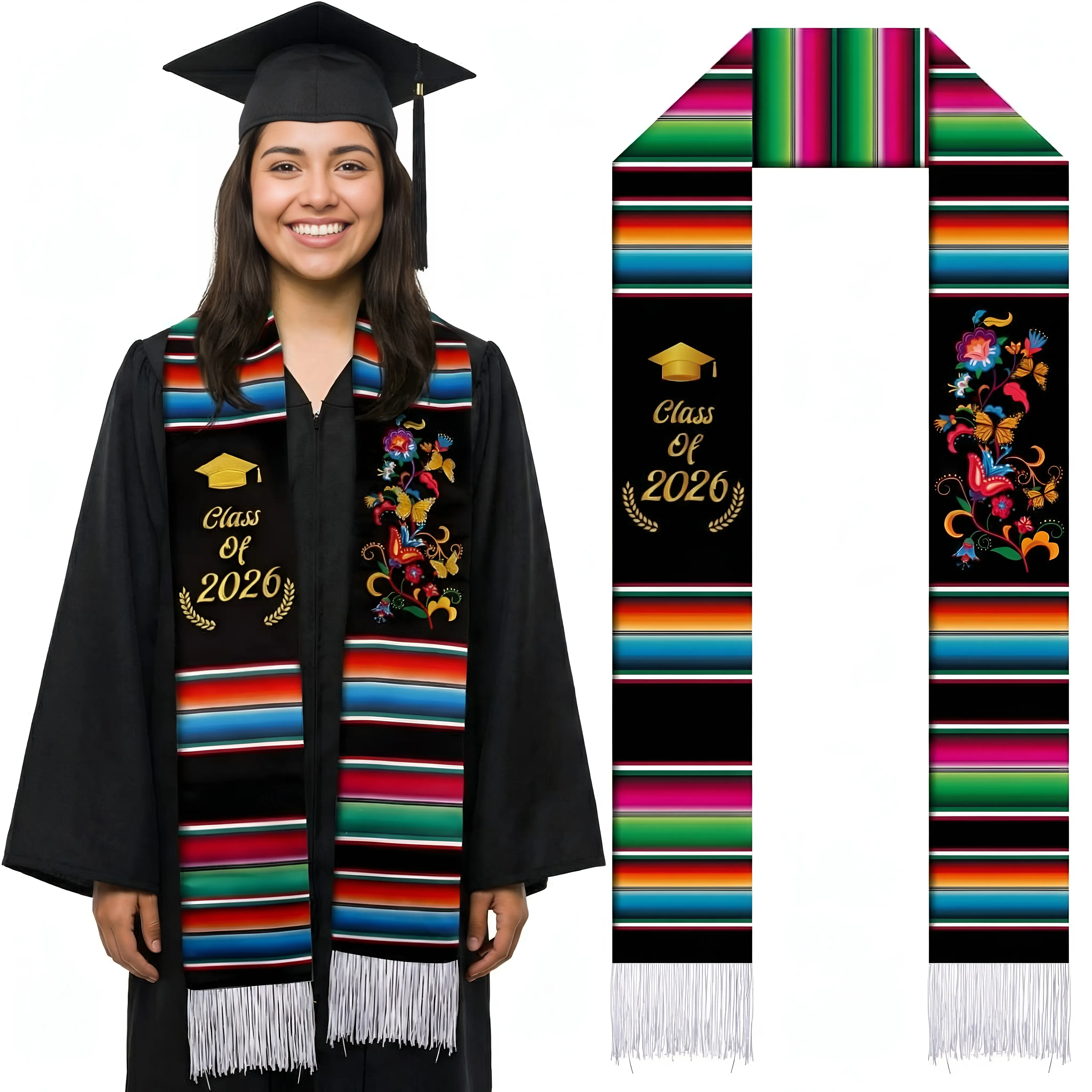 Mexican Graduation Stole 72'' Serape Embroidery Graduation Sash Class of 2026 for Unisex Latino Hispanic Students Graduation Gift