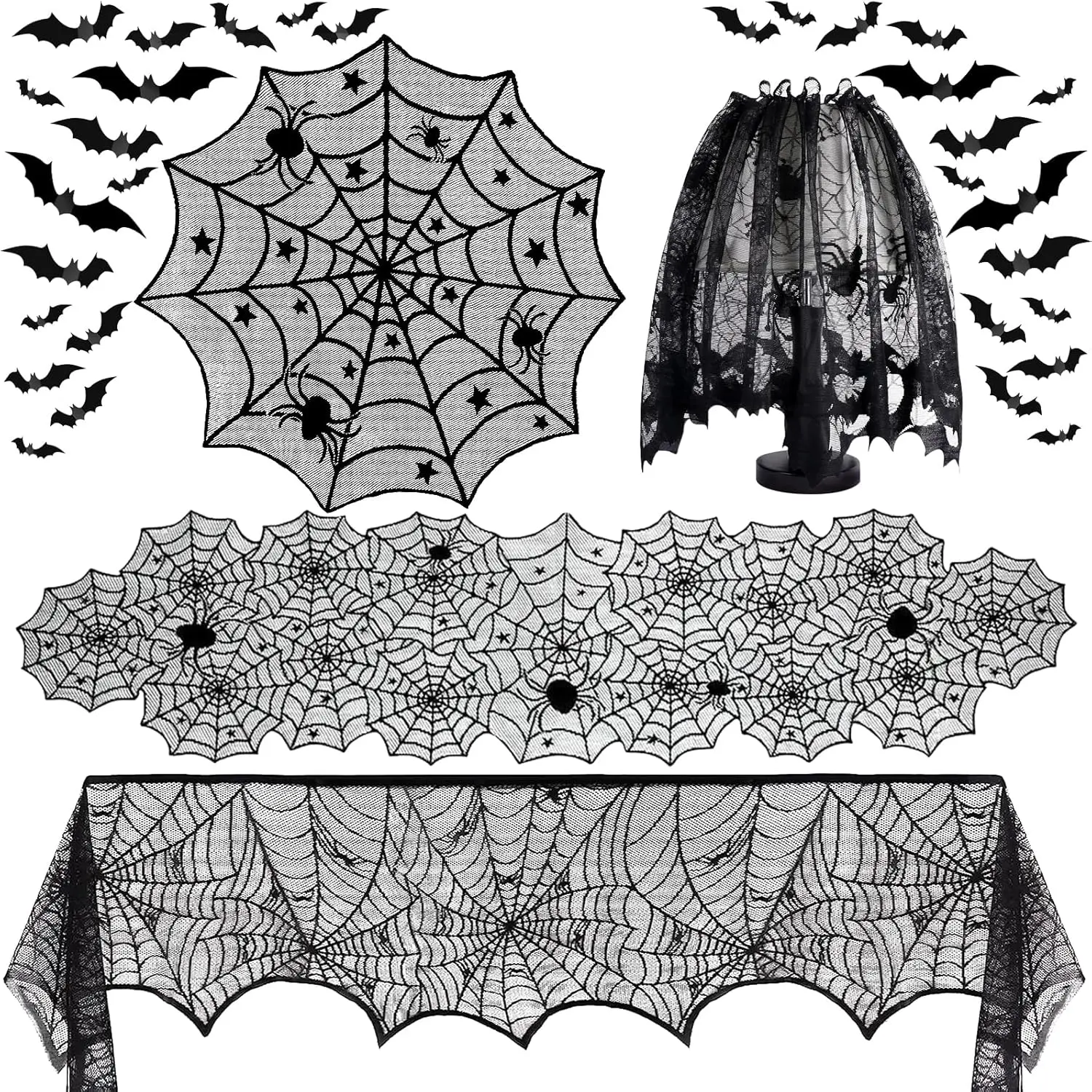 Halloween Decoration Set Party Decor Lace Table Runner Fireplace Mantle Scarf Round Tablecloth Spider Web Net Lampshade with 32 3D Bat Wall Stickers