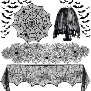 Halloween Decoration Set Lace Table Runner Fireplace Mantle Scarf Round Tablecloth Spider Web Net Lampshade with 32 3D Bat Wall Stickers