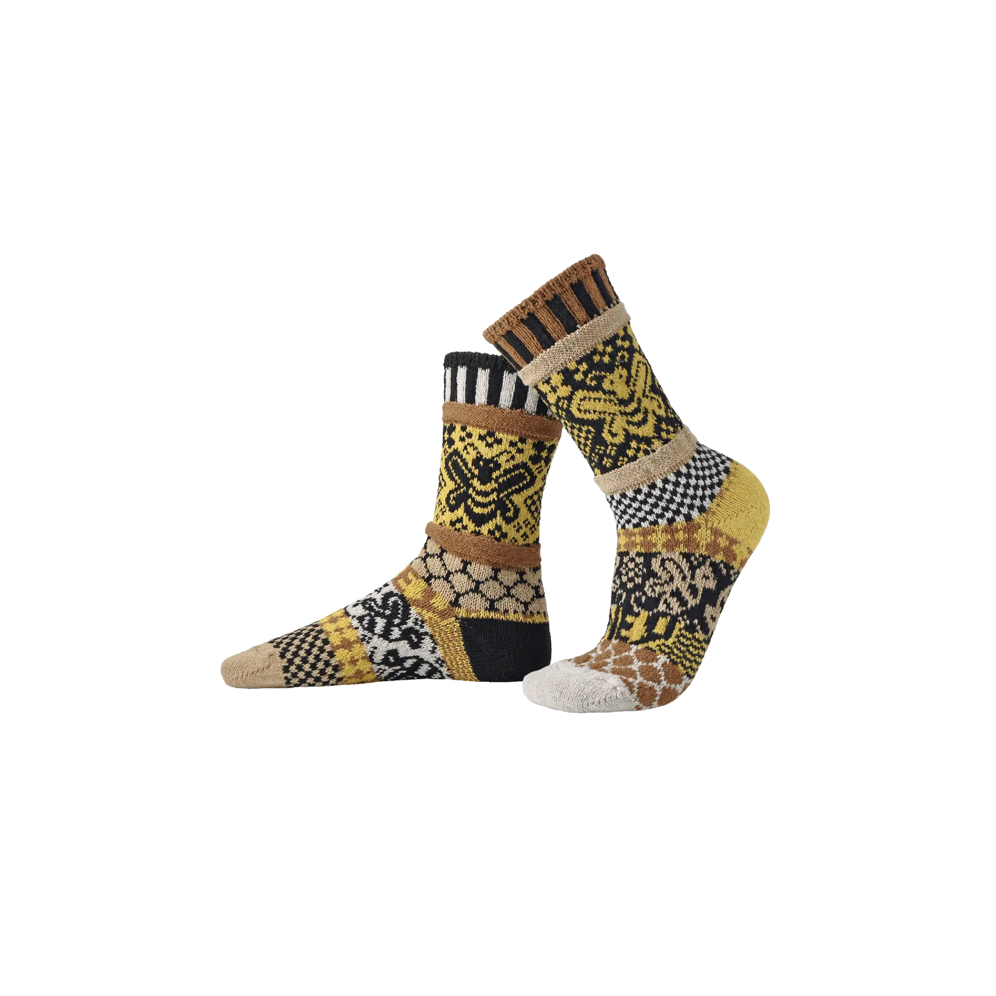 Solmate Socks HoneyBee Crew Socks - Mismatched, Recycled Cotton, Made in USA, Giveback Sock