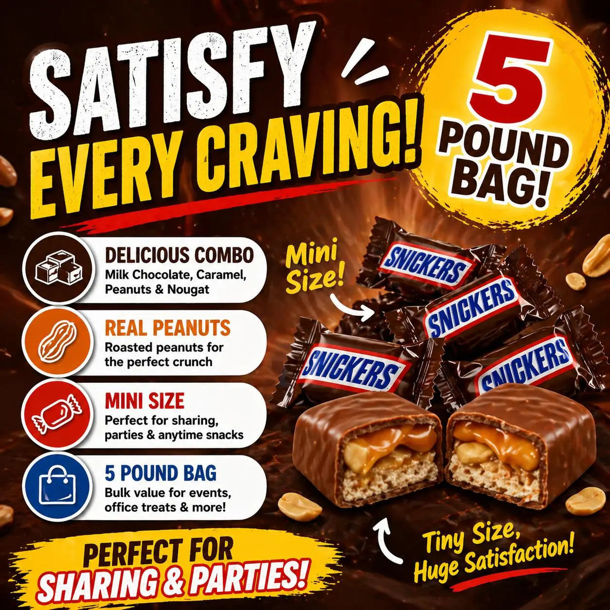 Snickers Miniatures Bulk 5 Pound Bag, Mini Chocolate Candy Bars with ...