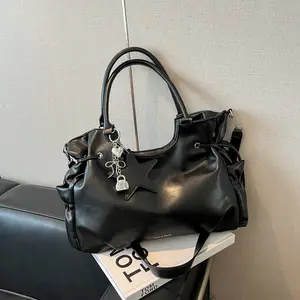 LisiZen Vintage PU Leather Hobo Bag for Women, Large Slouchy Shoulder Bag with Star Charm and Drawstring Side Pockets, Casual Crossbody Bag, City Bag Hobo Purse