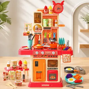 Kids Kitchen Playset with Sound & Light, 45PCS Pretend Cooking Set with Stove, Sink & Accessories for Toddlers