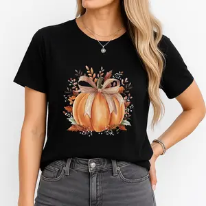 Festive Pumpkin Graphic Tee Women's Plus Size Crewneck T-Shirt in Solid Black 100% Cotton Autumn Floral Design with Rustic Ribbon for Gym Wear Breathable Fabric Minimalist Fit Top Womenswear Everyday Vintage Workout Tshirt - Streetwear - Summer