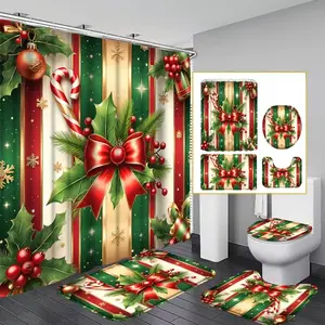1/4pc Christmas-themed shower curtain set with red bow pattern, including shower curtain, toilet seat cover, rectangular mat, and U-shaped mat. for bathroom décor, beautifying the space. Comes with 12 shower curtain hooks. Bathroom Decoration Accessories