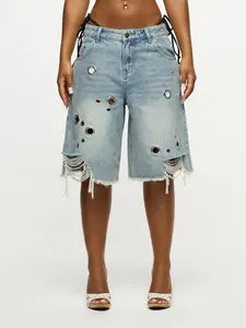 SUMWON WOMEN Distressed Denim Bermuda Shorts With Eyelet Details Side Tie Belt Loops Frayed Hem Festival Summer Beach Ripped Cargo Jorts