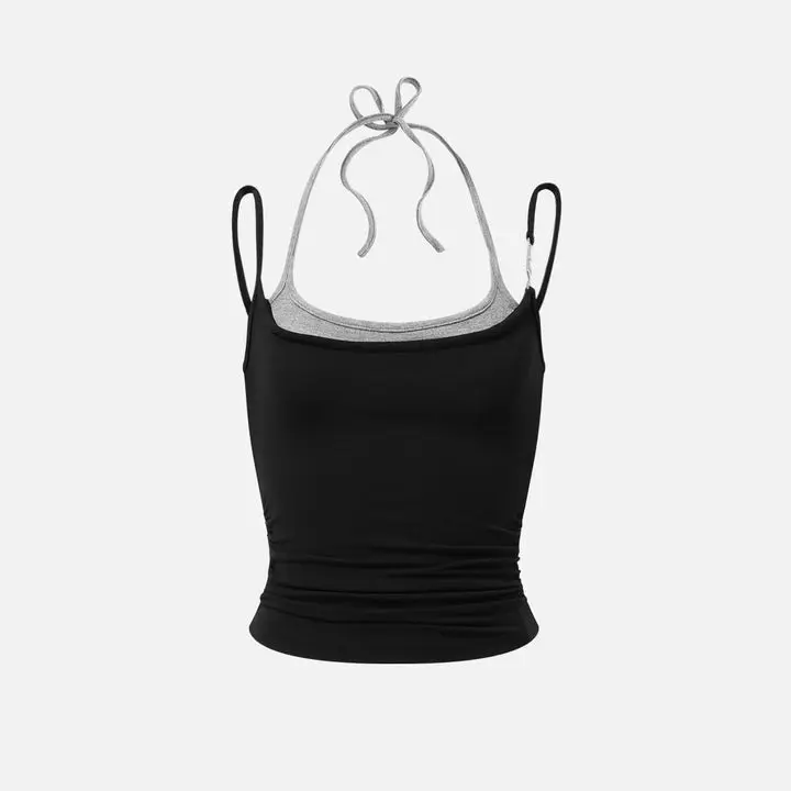 Aelfric Eden Layered Strap Cami Top Fake Two-Piece Halter Tie Design Side Ruched Waist Cropped Slim Fit Stretch Knit Fabric Y2K Edgy Streetwear Women's Camisole,clothes for back to school,first day of school outfits