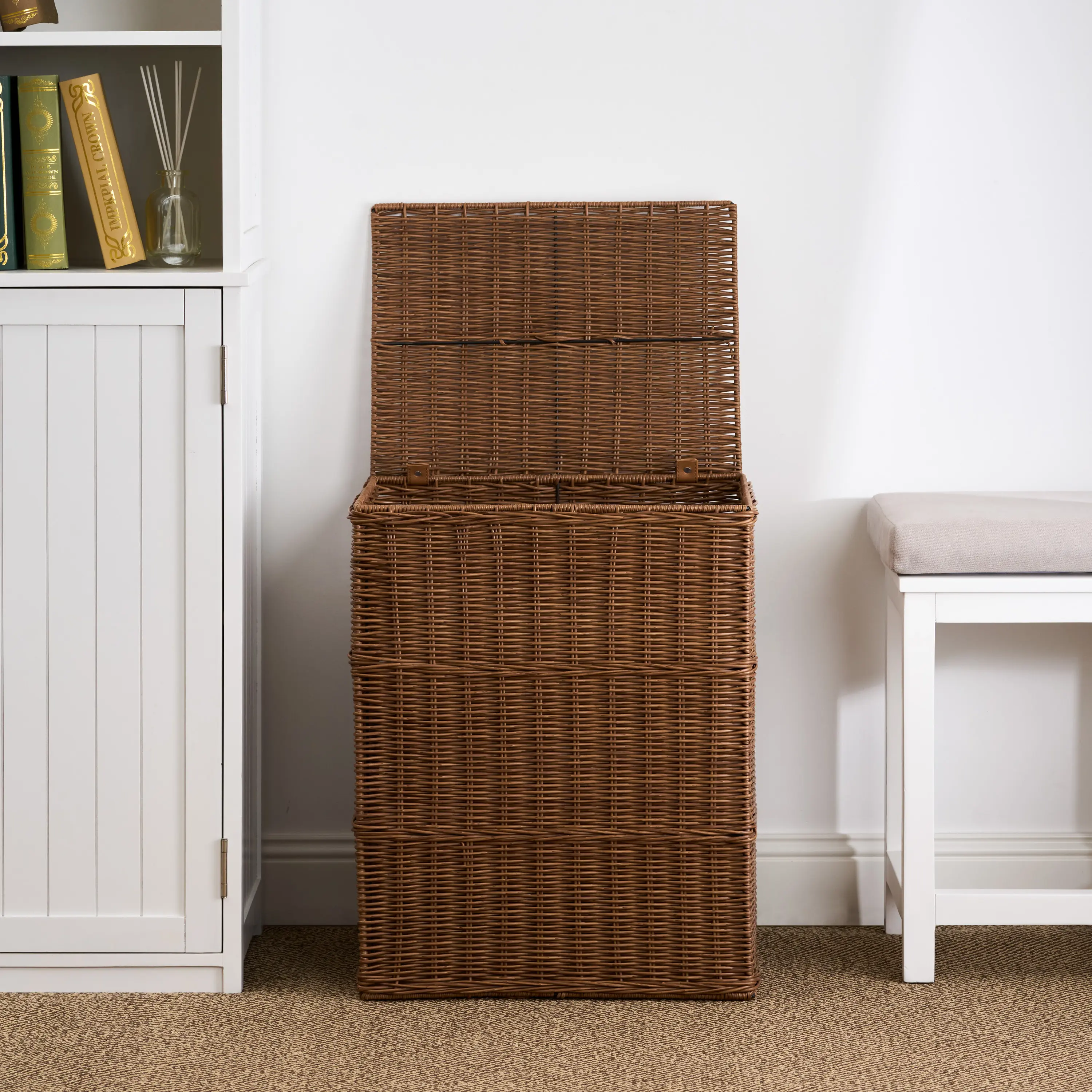 Medium Brown Rectangular Woven Resin Wicker Laundry Hamper - Home Supplies Laundry Organization Basket