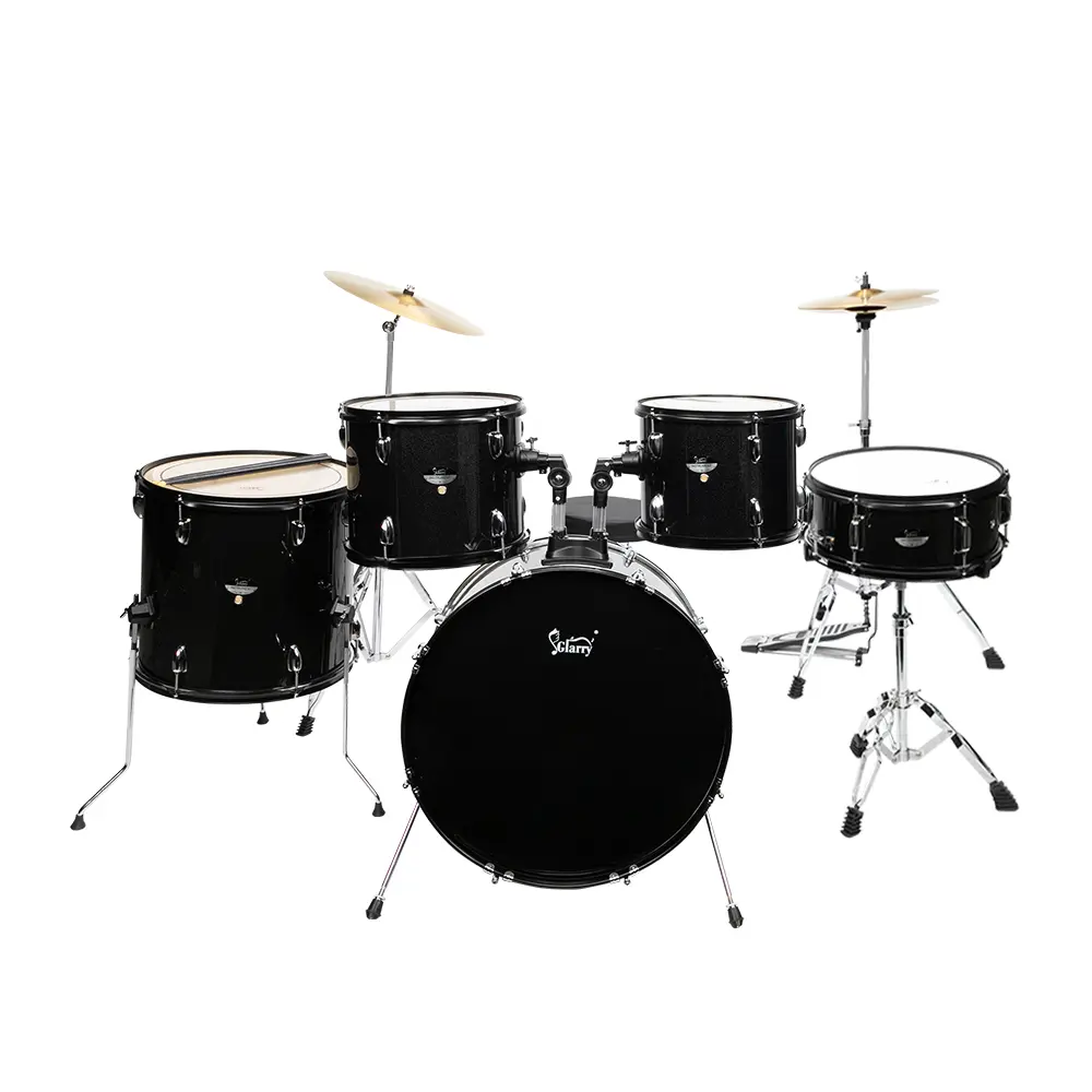 Adult 5-Piece Full Size Drum Set - Black 9-Ply Poplar Hardwood Shells Kit with 12 in x 10 in Bass Drums, Cymbals, Chrome Details, Stool & Sticks
