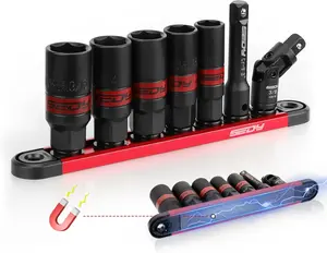 7-Piece 3/8''-Drive Spark Plug Socket Set, Impact Spark Plug Socket Set with Magnetic Rail, SAE & Metric, 5/8-inch, 3/4-inch, 13/16-inch, 14mm, 18mm, Extension Bars, Universal Joint