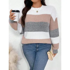 Plus Size Colorblock Striped Print Drop Shoulder Sweater, Casual Long Sleeve Round Neck Jumper for Fall & Winter, Women's Plus Clothing for Daily Wear