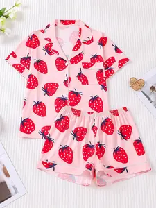 Women's Strawberry Print Lapel Neck Button Front Shirt & Shorts Pyjama Set, Pajama Set, Matching Pj Set, Casual Comfy Short Sleeve Pocket Top & Shorts Set, Ladies Sleepwear for Summer