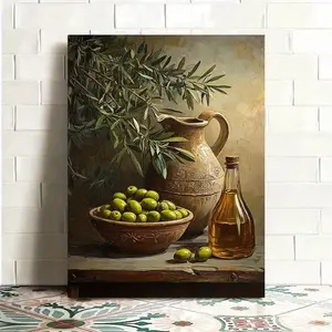 This Rustic Mediterranean-style Still-life Painting of a Ceramic Vase and Olives is Perfect for Hanging in a Cozy Dining Room