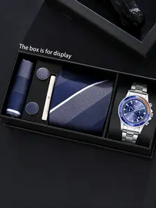 Men's Business Watch Set with Tie, Handkerchief, Cufflinks, Clip, Perfect Gift for Father's Day, Thanksgiving, Birthday, School Season