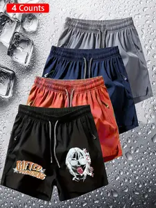 4 Pcs Street Style Shorts, Punk Letter Print, Slim Fit, Drawstring Waist, Unisex, Comfortable, Sporty, All Seasons