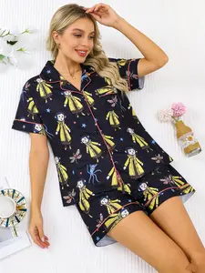 Women's Halloween Print Lapel Short Sleeve Shorts Pajama Set, Sleepwear Ensemble, Comfortable Homewear for Ladies