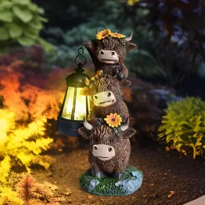 Cute Highland Cow Stack Resin Statue with Solar Lantern, Yard Art Decor, Perfect Holiday & Housewarming Gift, Unique Outdoor Decoration
