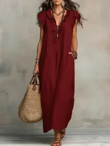 Retro Sleeveless Burgundy Ruffled Polyester Maxi Dress