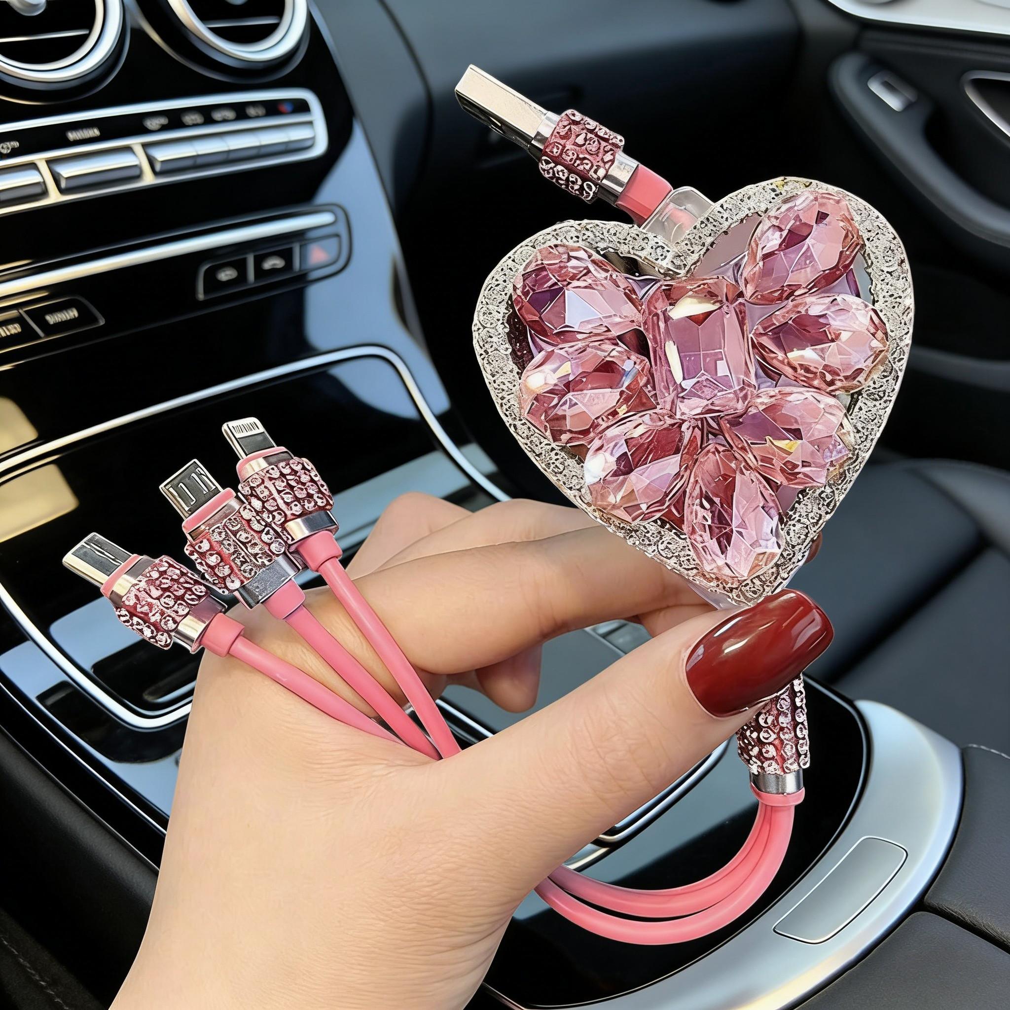 Cute Sparkly Charging Cable 3-in-1 Heart Crystal Rhinestone Aesthetic Fast Charge Car Decoration Phone Accessory TikTok Gift for Girls