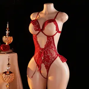 Women's Floral Lace Halter Bodysuit Sheer Mesh Lingerie - Red/Black/White, Romantic One-Piece for Date Night