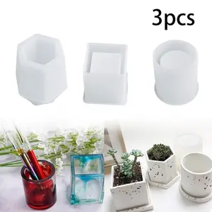 3 Pcs Cup Resin Silicone Mold, Kalolary Makeup Brush Holder Organizer Cylinder Craft Epoxy Mold, DIY Flower Planter Pot Molds, Cup Mold, Pen Holder Molds