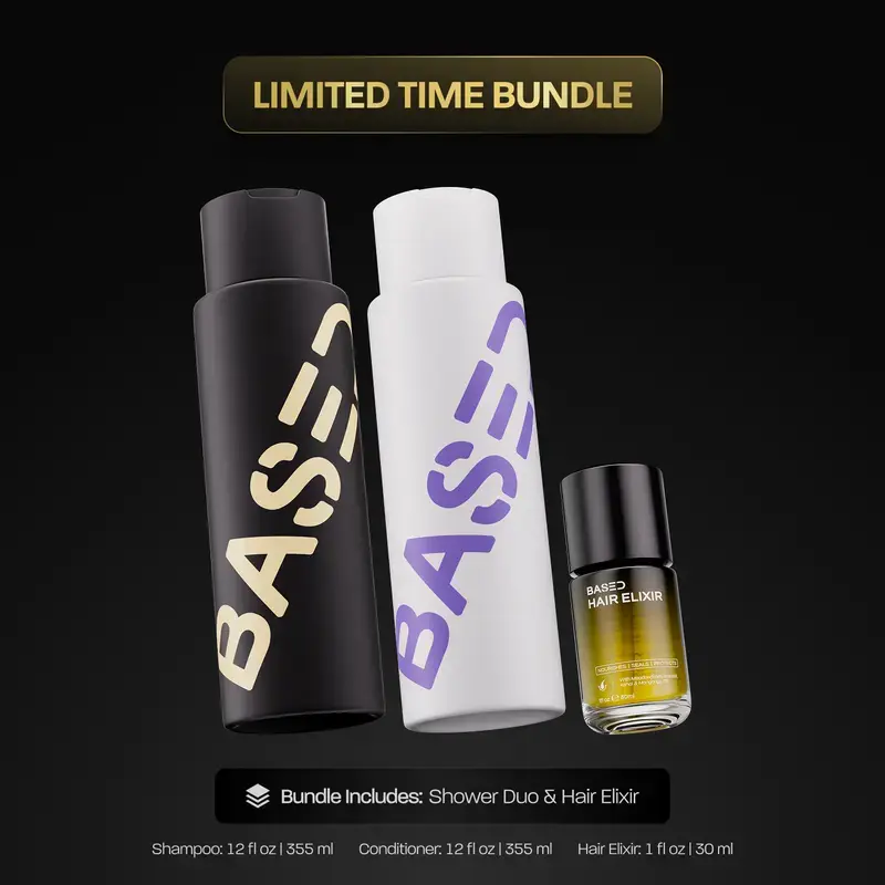 BASED Shower Duo & Hair Treatment Set | Shampoo, Conditioner & Hair Elixir | Gentle Cleansing, Hydration & Daily Hair Defense | Premium Quality Formulated Hair Care