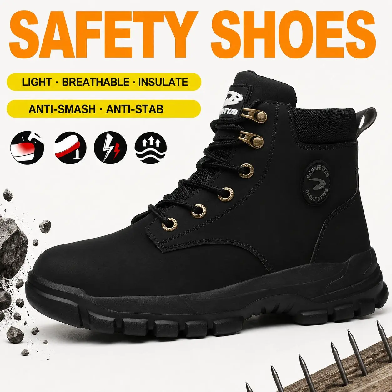 Men's high top safety boots - comfortable, non slip, puncture resistant, anti smashing, with a lace up locking work shoe, suitable for construction and industrial workers, all season casual wear, classic and fashionable