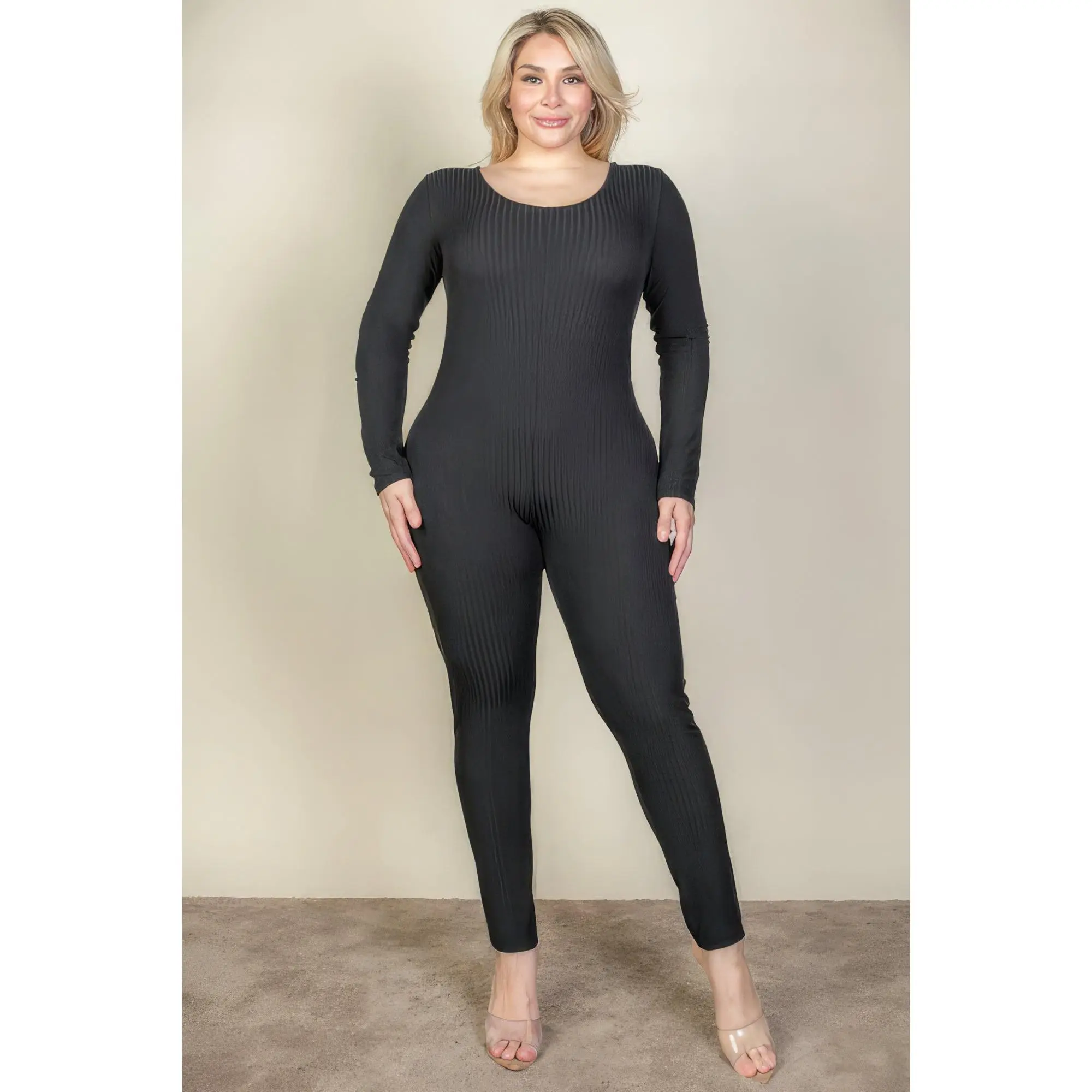 Plus Size Ribbed Scoop Neck Long Sleeve Jumpsuit