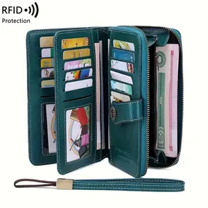 Retro PU Leather Large Capacity Women’s Purse – 23 Card Slots with RFID Blocking, 12 Card Slots without RFID – Wallet with Wrist Strap, Stain Resistant & Easy to Clean, Holds Passport, Ticket & Credit Cards