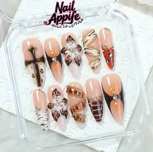 Salon-Quality Long Press-On Nails | Handmade Acrylic Brown Gradient French Tip Set with Tortoise Shell, Snake Pattern, Leopard Accents & 3D French Floral Design | Luxury Nail Art with Gold Wire & Rhinestone Decor | Original Fashion Design – Appife