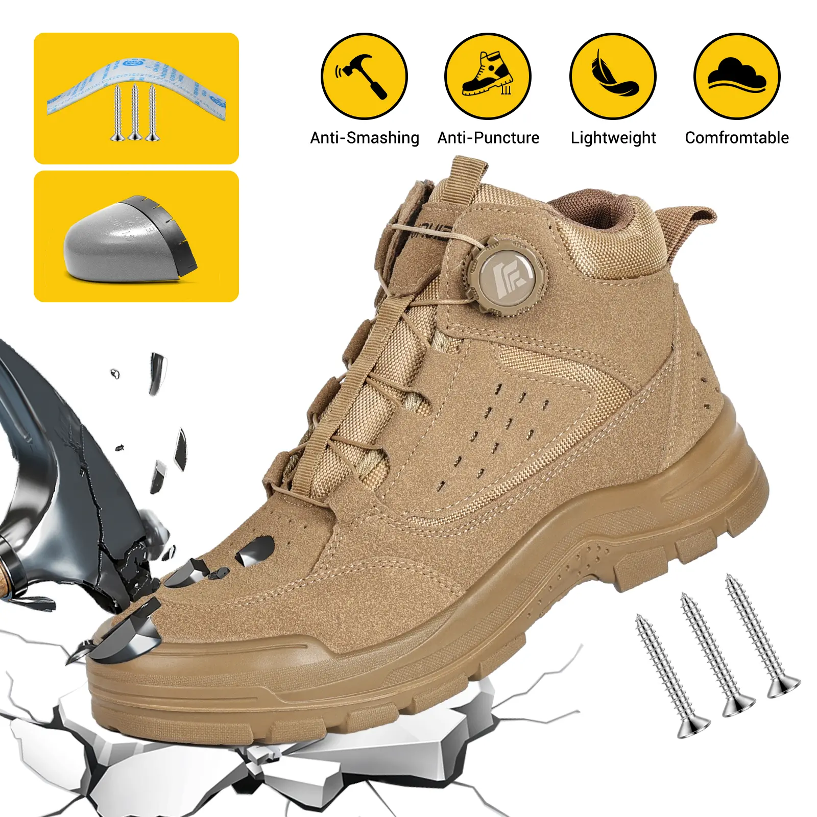 Furuian Steel Toe Boots for Men Women Comfortable Lightweight Work Boots for Men Slip Resistant High Top Steel Toe Rotating Buckle Safety Shoes Puncture Proof Indestructible Construction Shoes Summer vibes